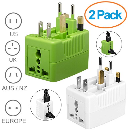 Yubi Power International Worldwide Universal Ac Travel Adapter 2 Universal Sockets Covering More Than 150 Countries - Us, Uk, Eu, Au - 2 Pack White & Green