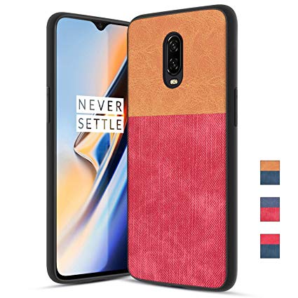 OnePlus 6T Case with Dual Layer Shockproof Half PC Back & TPU Soft Jeans Lines Full-Body Protective Armor Scrape Proof Heavy Duty case, Orange Red
