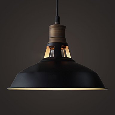 YOBO Lighting Antique Industrial Barn Hanging Pendant Light with Metal Dome Shade, Matte Black