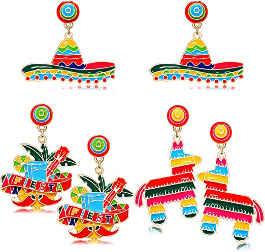 3 Pairs Cinco De Mayo Earrings for Women Beaded Fiesta Earrings, Colorful Pinata Chili Sombrero Earrings Layered Tassel Earrings Mexican Earrings Holiday Gifts