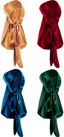 4 Pieces Men's Velvet Durag with Long Tail Soft Durag Headwraps for 360 Waves