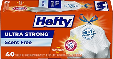 Hefty Ultra Strong Tall Kitchen Trash Bags, Unscented, 13 Gallon, 40 Count