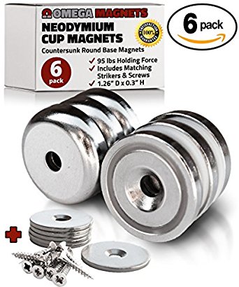 Strong Neodymium Cup Magnets (6 Pack) - 95 lbs Holding Force Rare Earth Magnets - 1.26” x 0.3" Disc Countersunk Hole Round Base Pot Magnets - Includes Screws and Mounting Strike Plates