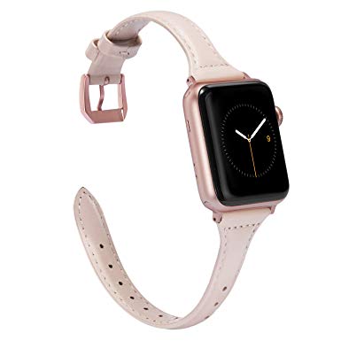 Wearlizer Womens Slim Pink Leather Compatible for Apple Watch Band 38mm 40mm for iWatch Sports Thin Strap Replacement Wristband Cool Cute Bracelet with Rose Gold Metal Buckle Series 4 3 2 1