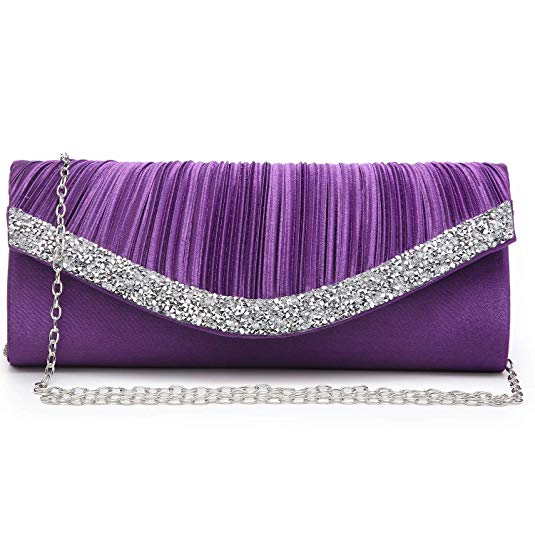 Dasein Women's Satin Pleated Evening Bags Rhinestone Accented Flap Clutch Purses with Silver Chain Strap