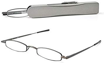 I-Mag Mini Metal Spring Hinge Reading Glasses with Slide Open Hard Case (2.00, Grey)