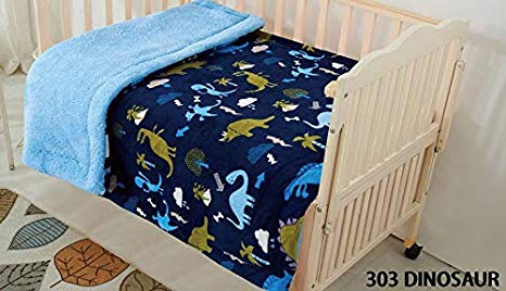 Fancy Linen Faux Fur Flannel Borrego Soft Baby Throw Blanket with Sherpa Backing Warm and Cozy Stroller or Toddler Bed Blanket 40"x 50" Dinosaur Blue