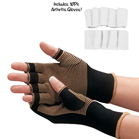Copper Compression Arthritis Gloves - #1 Best Copper Infused Fit Glove For Carpal Tunnel, Computer Typing, And Everyday Support For Hands And Joints (1 PAIR   BONUS Arthritis Finger Sleeves)