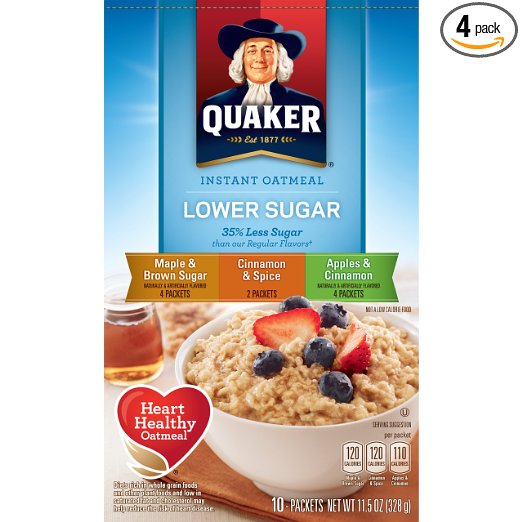 Quaker Instant Oatmeal Lower Sugar, Flavor Variety Pack, 10 Count Boxes, 11.5 Ounce, (Pack of 4)