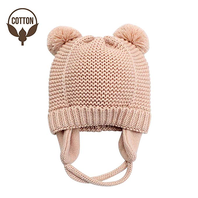 BAVST Kids Toddler Knit Beanie Hat for Winter with Earfalp Cute Pom Pom Cap for 0-3 Years Girls Boys