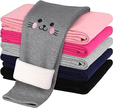 Cooraby 1 Pair Girls Cotton Fleece Lined Leggings Cat Print Thick Warm Velvet Tights Pants Winter Leggings for Dance Yoga