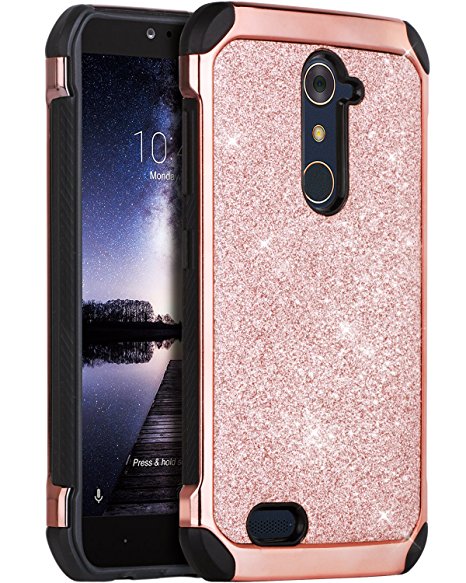 ZTE ZMax Pro Case, ZTE Carry Z981 Case, BENTOBEN Glitter Luxury 2 in 1 Ultra Slim Hard Laminated with Sparkly Faux Leather Chrome Shockproof Protective Case for Zte Zmax Pro Cases Z981, Rose Gold