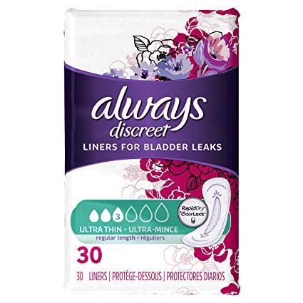 Always Discreet, Incontinence Liners, Ultra Thin, Regular Length, 30 Count