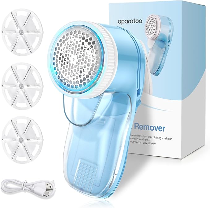 Fabric Shaver Lint Shaver, Lint Remover for Clothes, Electric Lint Remover Rechargeable Sweater Defuzzer Pill Remover with 3 Replaceable Blades, Suitable for Clothes, Jumpers, Furniture, Wool, Blue