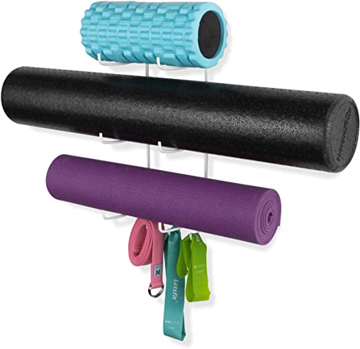 Wallniture Guru Wall Mount Yoga Mat Foam Roller and Towel Rack with 3 Hooks for Hanging Yoga Strap and Resistance Bands at Your Fitness Class or Home Gym 3-Sectional Metal