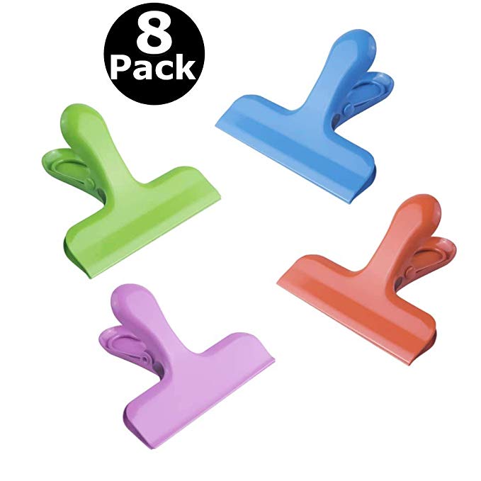 Chip bag clips CROC JAWS stainless steel Large 3" wide 4 colors Clips for food bags, coffee, kitchen, home and office paper clamps Airtight seal Heavy duty metal Cute gift Set of 8 (2 of each color)