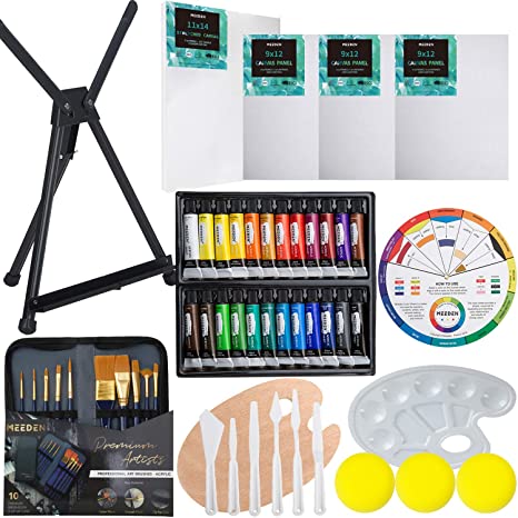 MEEDEN 53-Piece Acrylic Painting Set - Aluminum Table Easel, 24 Acrylic Paints, Stretched Canvas, Paint Brushes & Plastic Palette, Great Gift for Kids & Beginner Artist