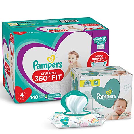 Pampers Diapers Size 4 - Cruisers 360˚ Fit Disposable Baby Diapers with Stretchy Waistband, 140 Count ONE Month Supply with Baby Wipes Sensitive 6X Pop-Top Packs, 336 Count