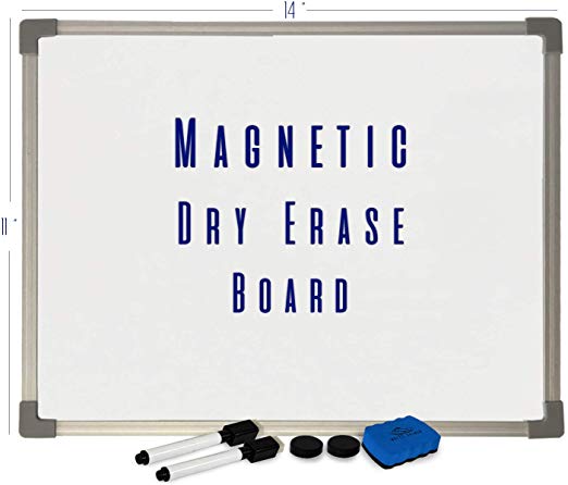 White Kaiman Magnetic Dry Erase Whiteboard w/Silver Frame - Easy Mount for Portrait or Landscape - Incl White Board, 2 Marker, 1 Eraser, 3 Magnets (11" X 14")