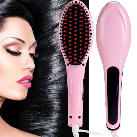 PrettyQueen Brush Pink Hair Straightener,Professional Hair Care Comb,Digital Anti Static Anti Scald Ceramic Heating Brush Magic Silky Straight Hair Styling Massage Straightening Irons(29W,230V-110V)