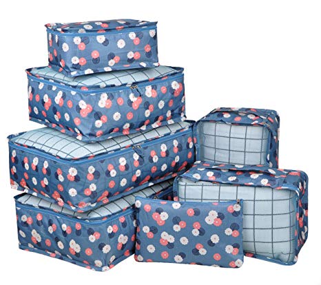 Vercord 7 Set Travel Packing Organizers Cubes Mesh Luggage Cloth Bag Cubes With Bra/Underwear Cube and Shoe Pouch, Blue Flower