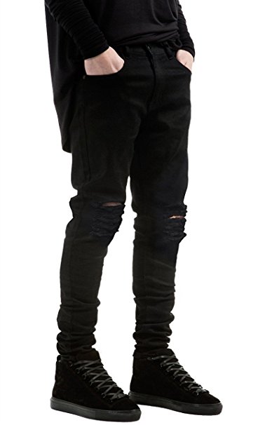 Men's Slim Fit Black Stretch Destroyed Ripped Skinny Denim Jeans