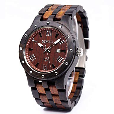 Bewell W109A Mens Wood Watches Two Tone Quartz Luminous Wristwatch with Date Display (Great Gift)