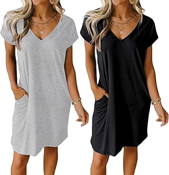 Ekouaer Womens 2 Pack Nightgown V Neck Sleepshirt Short Sleeve Nightshirt Plain/Floral Pajama Dress with Pockets