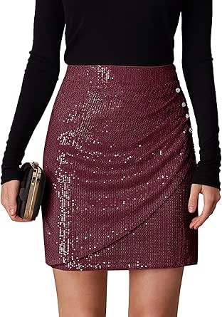 GRACE KARIN Women's 2024 Sequin Bodycon Skirt Sparkly Ruched Mini Skirts Shiny Glitter Night Out Party Pencil Skirt