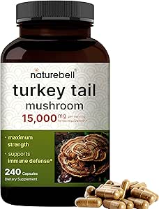 NatureBell Turkey Tail Mushroom Capsules 15,000mg Per Serving, 240 Count | 25:1 Fruiting Body & Mycelium Extract – Immune & Brain Health Mushrooms Supplement