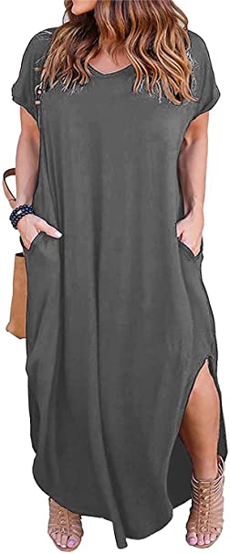 Nemidor Women's Casual Loose Pocket Long Dress Short Sleeve Plus Size Slit Maxi Dress