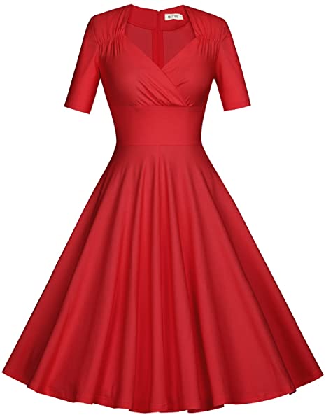 MUXXN Women's 50s Vintage Short Sleeve Pleated Swing Dress