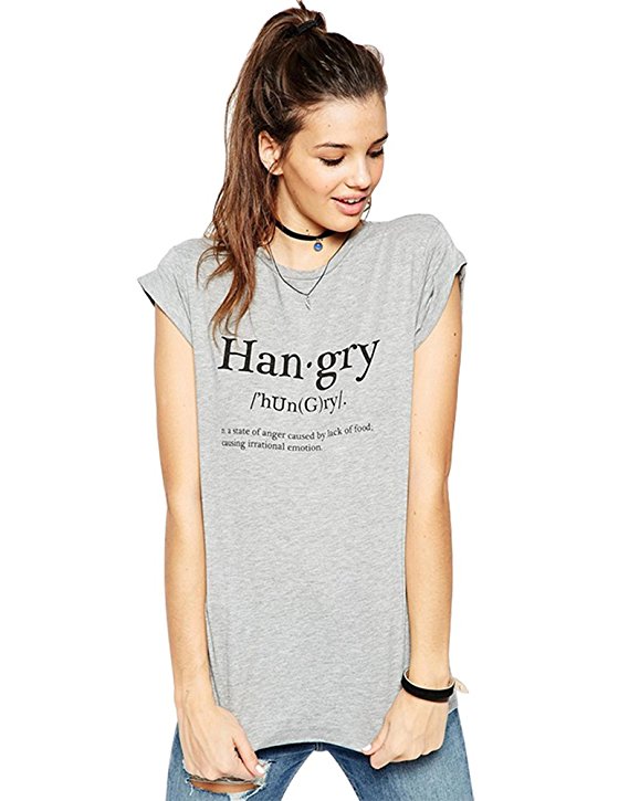 FV RELAY Women's Fitted Han.gry Print Crew Neck Short Sleeve Tee Shirt Top Gray