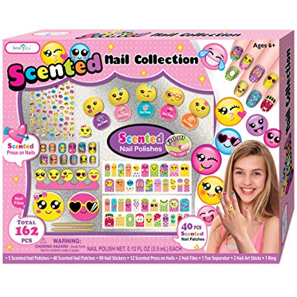 SmitCo LLC Kids Nail Polish Set, Emoji Nail Art Kit For Girls, Kit Includes Non Toxic, Scented Stickers, Peel-Off Nail Polish, Nail Patches, Press On Nails, Files, Toe Separator, Stickies and A Ring
