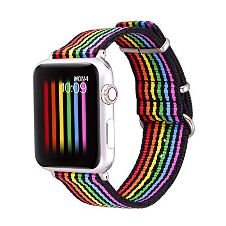 Bandmax Rainbow Watch Band Compatible for Apple Watch,LGBT Woven Nylon Wristband Replacement Sport Strap Compatible for iWatch Series 4/3/2/1 42MM/44MM All Models(Black Bottom with Steel Buckle)