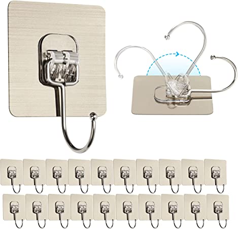 20 Pack Large Adhesive Wall Hooks 22lb/10KG(Max) Reusable Seamless Nail Free Hooks Waterproof and Oilproof for Kitchen Utility Towel Mug Cups Spatula Can Opener Scissors (Large)