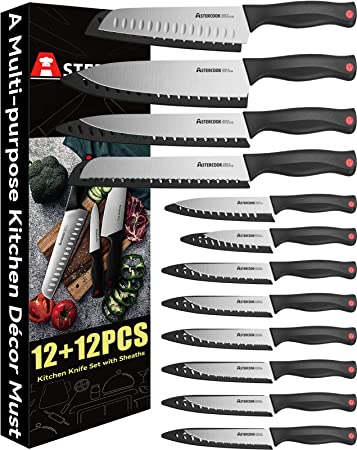 Knife Set, Astercook 24 Pcs Kitchen Knife Set with Blade Guards, Stainless Steel Chef Knife Set & 6 Pcs Steak Knives