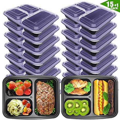 Meal Prep Containers 3 Compartment with Lids BPA Free Food Storage Bento Style Lunch Boxes for Portion Control ，Microwaveable /Reusable /Freezer & Dishwasher Safe 16 Pack[15 1 ] 36 oz