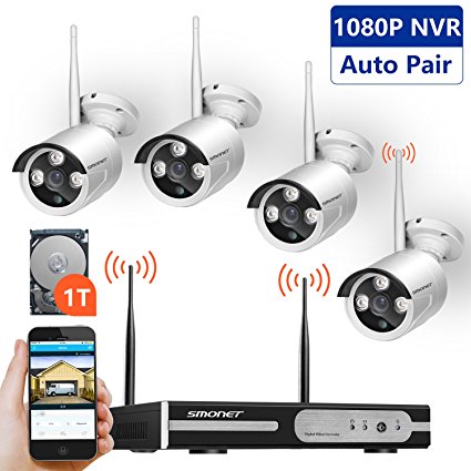 [Unbeatable Price]SMONET 4CH 1080P HD NVR Wireless Security CCTV Surveillance Systems(WIFI NVR Kits)-4pcs 720P Wireless WIFI Indoor Outdoor IP Cameras,P2P,65FT Night Vision, 1TB HDD Pre-installed