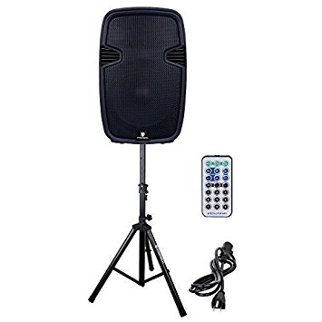 PRORECK PR-C15 Portable 15-inch 600 Watt 2-way Powered Dj/PA Speaker with Bluetooth/USB/SD Card Reader/ FM Radio/Remote Control/LED Light/Speaker Stand, Black
