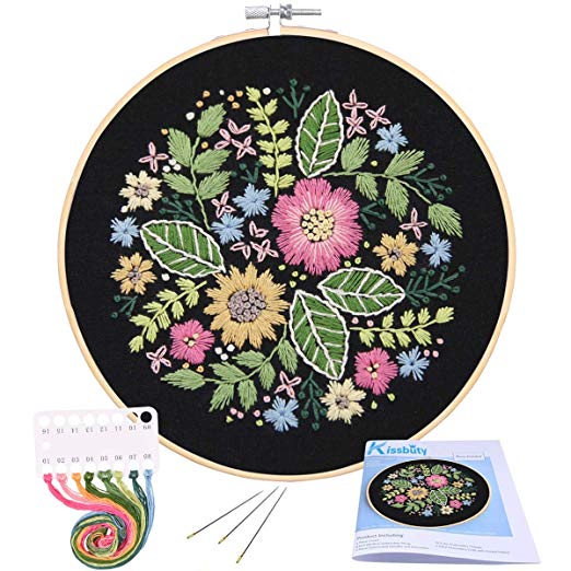 Full Range of Embroidery Starter Kit with Pattern, Kissbuty Stamped Embroidery Kit Including Embroidery Cloth with Pattern, Bamboo Embroidery Hoop, Color Threads Needle Kit (Black Flowers)