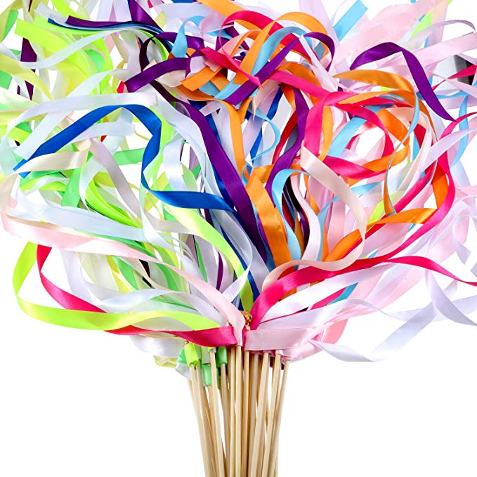 40 Pieces Mix Color Ribbon Wands Sticks with Bell Fairy Stick Party Streamers for Wedding Party (Multicolor)