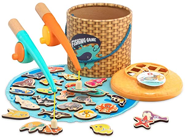 TOP BRIGHT Montessori Toddler Fishing Game - Kids Wooden Magnetic Fishing Toys Gifts for 3 Years Old Girls Boys