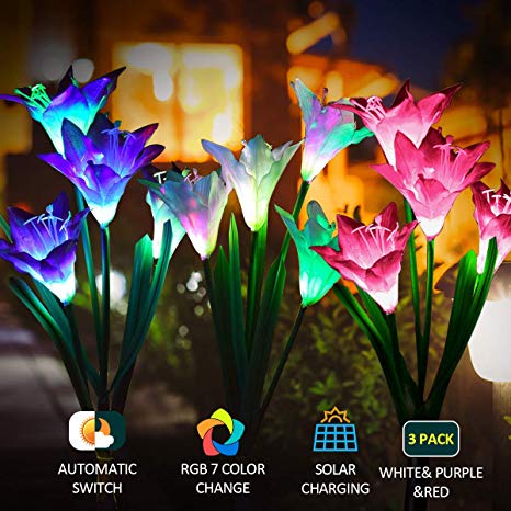 Solar Lights Outdoor Fairy Garden Lights Solar Powered Lamps 3 Pack with 7 Lily Flower Multi Color Changing LED, Outdoor Ornaments Patio Yard Lawn Garden Decoration Light