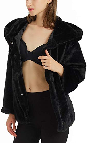 Bellivera Women’s Faux Fur Jacket for Winter,Faux Rabbit Hair Shaggy Oversized Coat with 2 Side-Seam Pockets and Hood