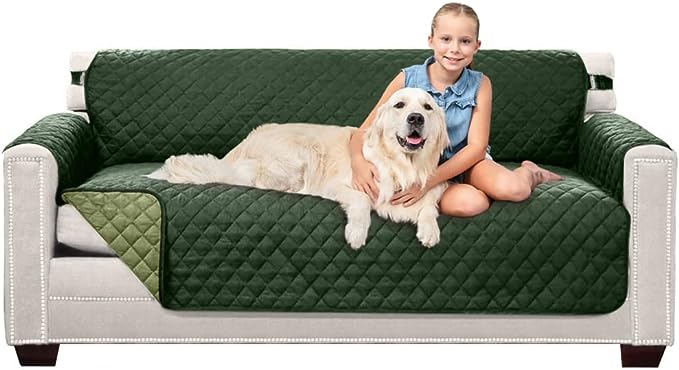 Sofa Shield Patented Couch Slip Cover, Large Cushion Protector, Reversible Stain and Dog Tear Resistant Slipcover, Quilted Microfiber 70” Seat, Washable Covers for Dogs Pets Kids, Hunter Green Sage