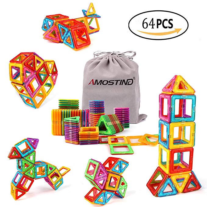 AMOSTING Magnet Building Tiles, Magnetic 3D Building Blocks Set for Kids, Magnetic Educational Stacking Blocks Boys Girls Toys, 64 Piece