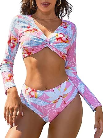 ATTRACO Long Sleeve Swimsuit Women Rashguard Swimsuit for Women Two Piece Rash Guard Crop Swim Tops