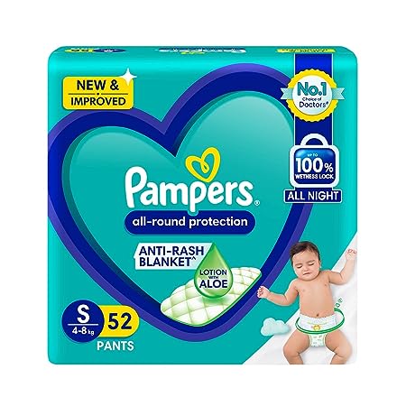 Pampers All Round Protection Pant Style Baby Diapers, Small (S), 52 Count, 5-8kg, Anti Rash Blanket, Lotion with Aloe Vera Diapers
