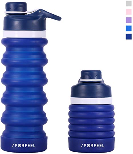 SPORFEEL Collapsible Water Bottles 18 oz, Folding Silicone BPA Free Water Bottles Navy for Travel Sports Camping Hiking Running Cycling Climbing